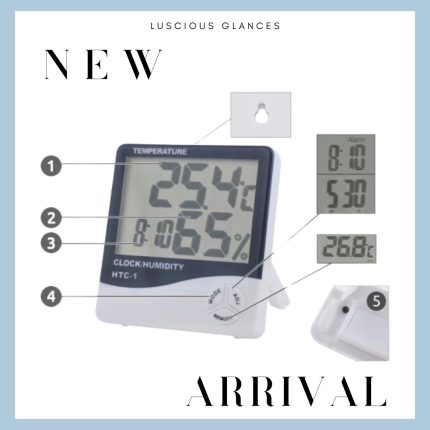 “HTC-1 Digital Hygrometer – LCD Display Showing Temperature, Humidity, Clock & Calendar”